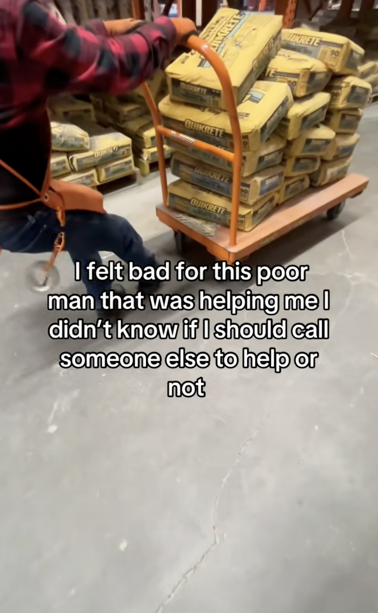 Screenshot 2025 06 29 at 10.49.04 AM A Home Depot Worker Had A Hard Time With A Cart Full Of Quikrete Bags.   I felt bad for this poor man that was helping.